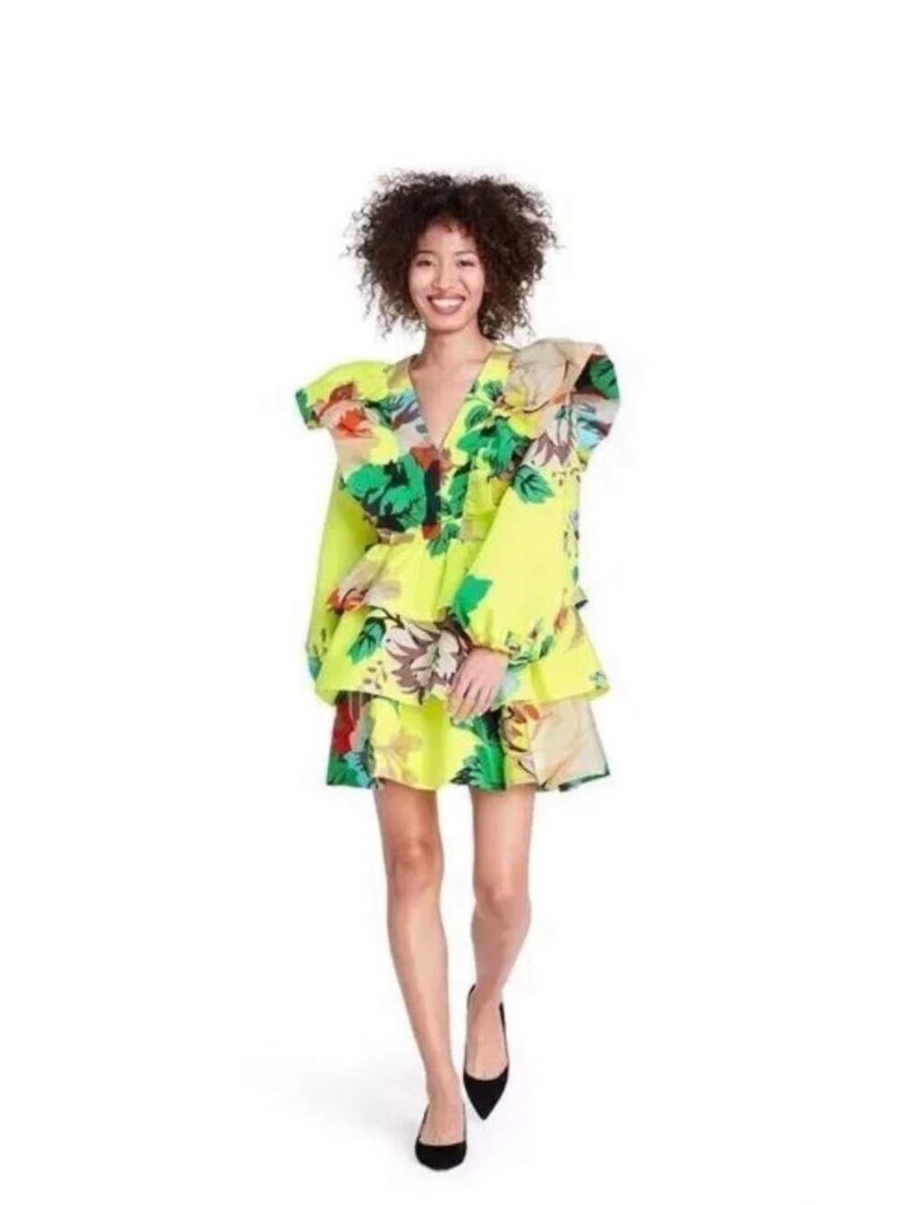 Christopher John Rogers Neon Yellow Floral Tiered V-Neck Dress